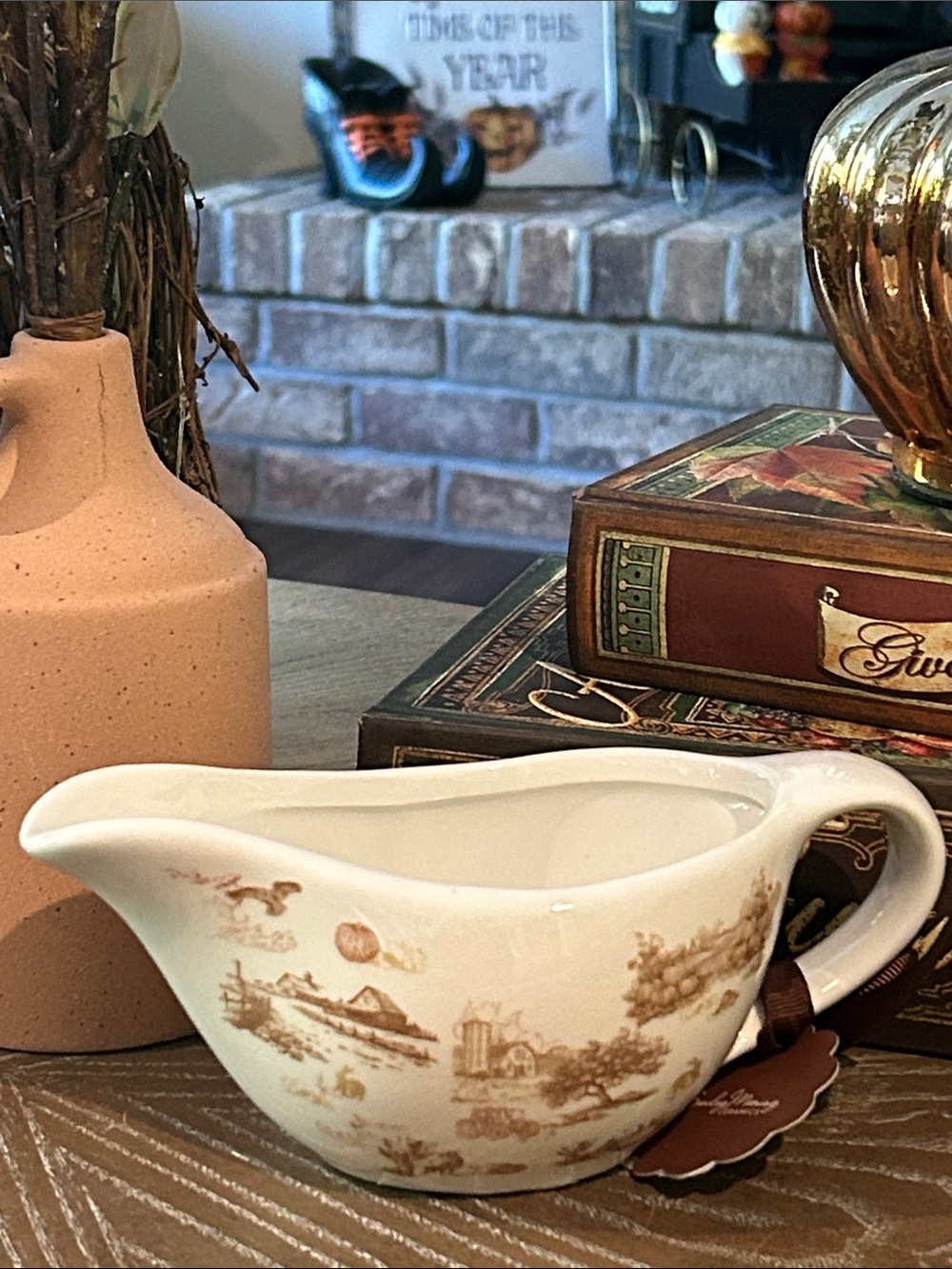 NEW! Fall Autumn Harvest Creamy White & Brown French Toile Ceramic Gravy Boat